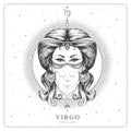 Modern magic witchcraft card with astrology Virgo zodiac sign. Realistic hand drawing woman head