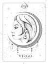 Modern magic witchcraft card with astrology Virgo zodiac sign. Realistic hand drawing woman head Royalty Free Stock Photo