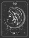 Modern magic witchcraft card with astrology Virgo zodiac sign. Realistic hand drawing woman head Royalty Free Stock Photo
