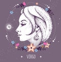 Modern magic witchcraft card with astrology Virgo zodiac sign. Realistic hand drawing woman head Royalty Free Stock Photo