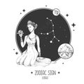 Modern magic witchcraft card with astrology Virgo zodiac sign. Realistic hand drawing woman head. Royalty Free Stock Photo