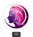 Modern magic witchcraft card with astrology Virgo zodiac sign. Woman face silhouette with outer space inside