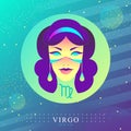 Modern magic witchcraft card with astrology Virgo zodiac sign. Woman head logo design