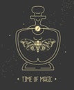 Modern magic witchcraft card with butterfly in glass bottle on space background. Royalty Free Stock Photo