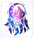 Modern magic witchcraft card with dream Catcher, crescent, fire element and space background inside. Royalty Free Stock Photo