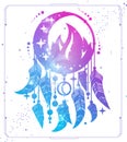 Modern magic witchcraft card with dream Catcher, crescent, fire element and space background inside. Royalty Free Stock Photo
