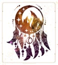 Modern magic witchcraft card with dream Catcher, crescent, fire element and space background inside. Royalty Free Stock Photo