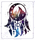 Modern magic witchcraft card with dream Catcher, crescent, fire element and space background inside. Royalty Free Stock Photo