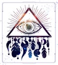 Modern magic witchcraft card with dream Catcher, eye in triangle and space background inside.