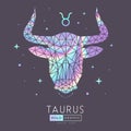 Modern magic witchcraft card with polygonal astrology Taurus zodiac sign. Holographic Polygonal bull head