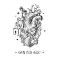 Modern magic witchcraft card with realistic human heart chained with a padlock.