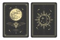 Modern magic witchcraft taros cards with butterfly and full moon. Sun and moon with human face.