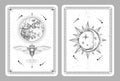 Modern magic witchcraft taros cards with butterfly and full moon. Sun and moon with human face.