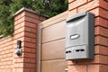 Modern mailbox on fence outdoors