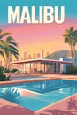 Modern malibu mansion at sunset with pool and palm trees Royalty Free Stock Photo