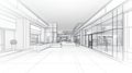 3D architectural wireframe rendering of a modern shopping mall interior, design blueprint concept Royalty Free Stock Photo