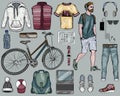 Modern man Accessories Sketch, hipster man and Men`s Accessories set. Vector illustration