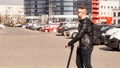 Modern man riding electric scooter in the city Royalty Free Stock Photo