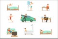 Modern Man Daily Routine From Morning To Evening Series Of Cartoon Illustrations With Happy Character