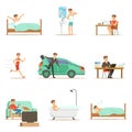 Modern Man Daily Routine From Morning To Evening Series Of Cartoon Illustrations With Happy Character