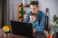 Modern man is working on a laptop, and his little son is sitting on his lap. Concept of family and remote work from home Royalty Free Stock Photo