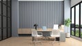 Modern manager room with desk and computer, gray slat wall and built-in wooden cabinet. 3d rendering