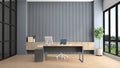 Modern manager room with desk and computer, gray slat wall and built-in wooden cabinet. 3d rendering