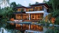 Modern mansion by pond at twilight Royalty Free Stock Photo