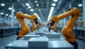 Modern manufacturing facility assembly line with efficient robotic arms. Robotic arms work on production line. Automated assembly