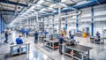A modern manufacturing facility showcases diligent workers focused on precision assembly and high-tech production. Generative AI Royalty Free Stock Photo