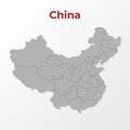A modern map of China with a division into regions, on a gray background with a red title. Royalty Free Stock Photo