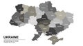 Modern Map of Ukraine with National Districts Borders in Shades of Grey