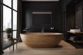 luxury black bathroom home interior wood bathtub wall design modern furniture. Generative AI. Royalty Free Stock Photo