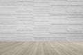 Modern marble tile wall pattern background in light white grey color with wooden floor in sepia brown tone