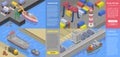 Modern marine port banner set, isometric style