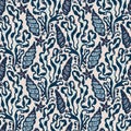 Indigo Blue Seashell nautical seamless pattern. Modern marine shell print in classic nantucket fabric textile hand drawn