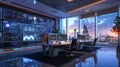 A modern marketers office featuring large screens displaying AI algorithms that analyze user behavior and optimize ad