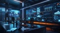 A modern marketers office featuring screens displaying AI algorithms analyzing user behavior and optimizing ad campaigns