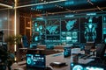 A modern marketers office featuring screens displaying AI algorithms analyzing user behavior and optimizing ad campaigns