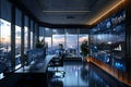 A modern marketers office with large screens displaying AI algorithms analyzing user behavior and optimizing ad