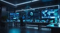 A modern marketers office with large screens displaying AI algorithms analyzing user behavior and optimizing ad