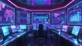 A modern marketers office with large screens displaying AI algorithms analyzing user behavior and optimizing ad