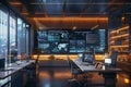 A modern marketers office with large screens displaying AI algorithms analyzing user behavior and optimizing ad