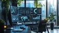 A modern marketers office with multiple computer screens displaying AI algorithms analyzing user behavior and optimizing