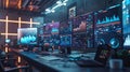 A modern marketers office with multiple screens displaying AI algorithms analyzing user behavior and optimizing ad