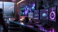 A modern marketers office with multiple screens displaying AI algorithms analyzing user behavior and optimizing ad