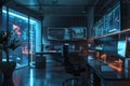 A modern marketers office with multiple screens displaying AI algorithms analyzing user behavior and optimizing ad Royalty Free Stock Photo