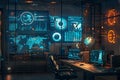 A modern marketers office with multiple screens displaying AI algorithms analyzing user behavior and optimizing ad