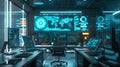 A modern marketers office with numerous computer screens displaying AI algorithms analyzing user behavior and optimizing