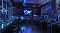 A modern marketing office with computer screens displaying AI algorithms analyzing user behavior and optimizing